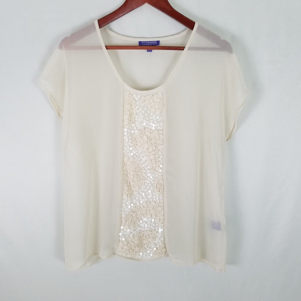 Vivienne Shirt Womens Large Top Beaded Sequin Short Sleeve‎ Scoop Sheer Blouse